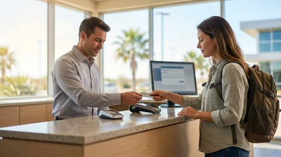 Close up of a hand passing a credit card to an agent at a Texas car rental desk