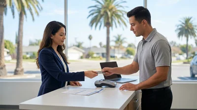 Credit card on the dashboard of a car rental with a sunny California beach in the background