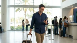 Traveler holding a smartphone next to a white SUV at a Miami airport car rental lot