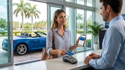 Customer handing a physical credit card to an agent at a Florida car rental desk