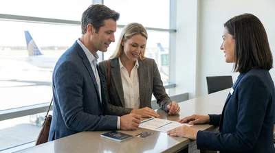 Customer showing travel documents to an agent at a car rental counter in New York