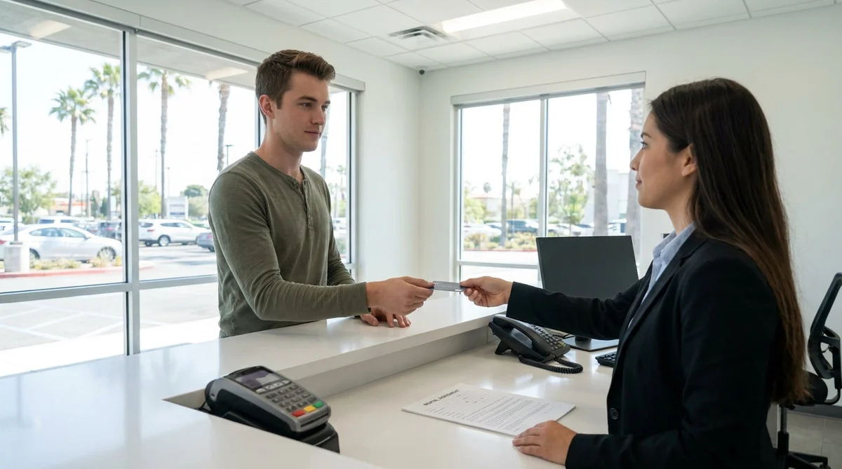 Young driver holding a credit card next to a car hire vehicle in California