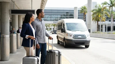 Shuttle bus picking up passengers with luggage at an off-airport car rental lot in Orlando