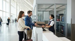 Traveler loading luggage into a vehicle at a New York airport car rental lot
