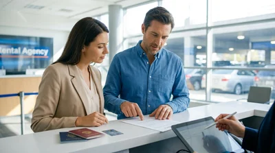 Person reviewing car hire documents next to a parked vehicle in the United Estates