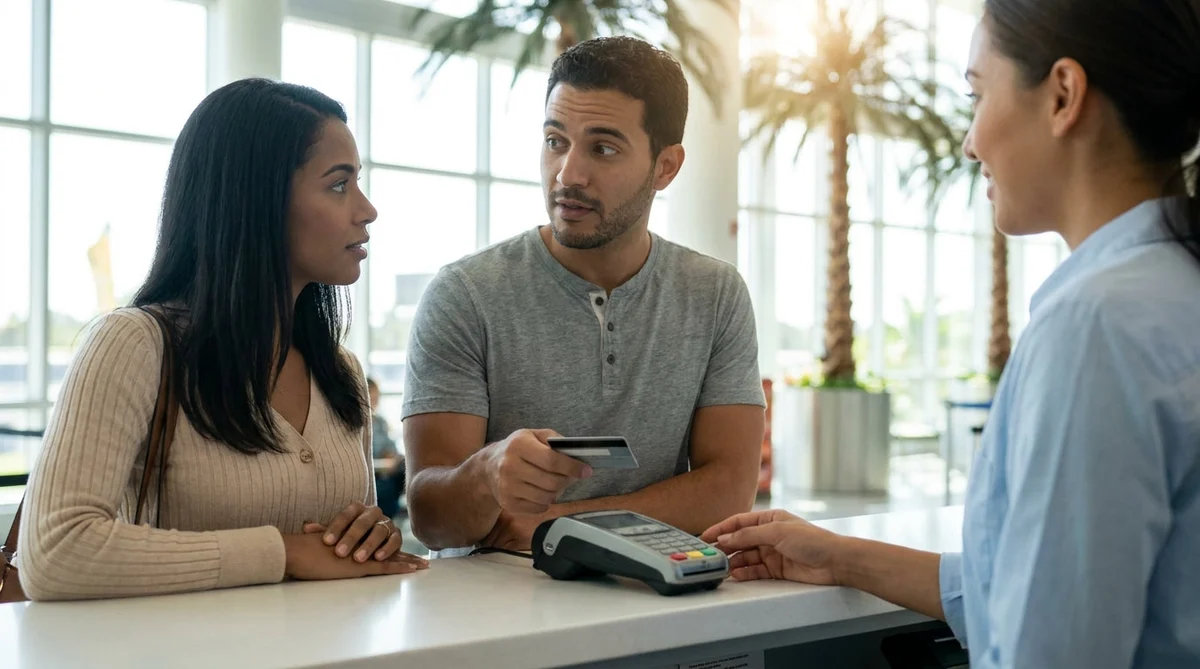 Close-up of a person swiping a credit card at a car hire desk in Florida