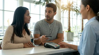 Close-up of a person swiping a credit card at a car hire desk in Florida