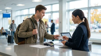 Smiling young man receiving keys from an agent at a car rental desk in Pennsylvania