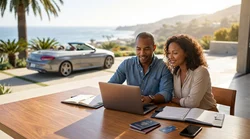 Person driving a white car rental along a scenic coastal highway in sunny California