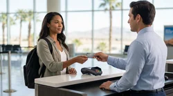A customer handing a credit card to an agent at a car hire desk inside Las Vegas Airport