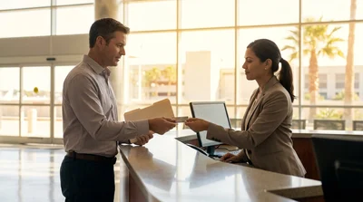 Hands signing car rental paperwork at a customer service desk in Texas
