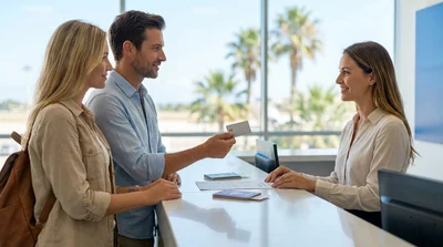 Close up of hands exchanging a credit card and car keys at a Florida car rental counter