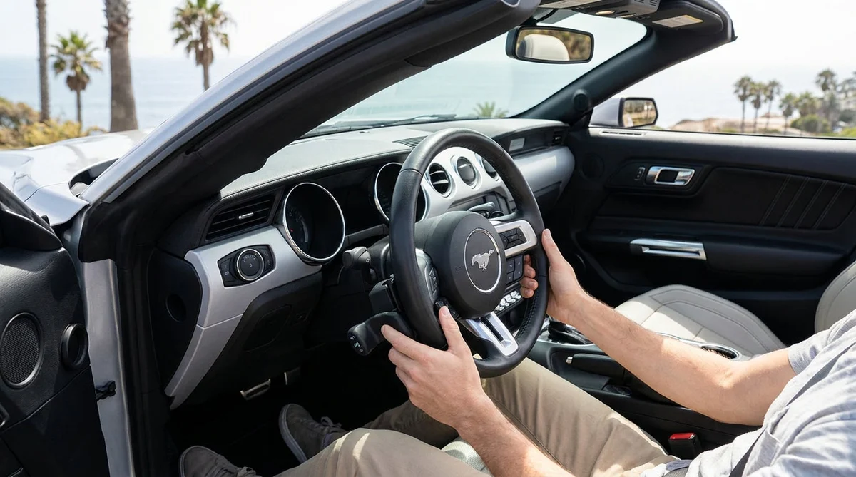 Portable hand controls attached to the steering wheel of a car rental parked on a scenic California coastal road