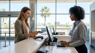 Traveler handing a credit card to an agent at a Los Angeles car rental desk