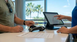 Close up of a person handing a credit card to a representative at a Florida car hire counter