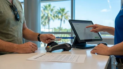 Close up of a person handing a credit card to a representative at a Florida car hire counter