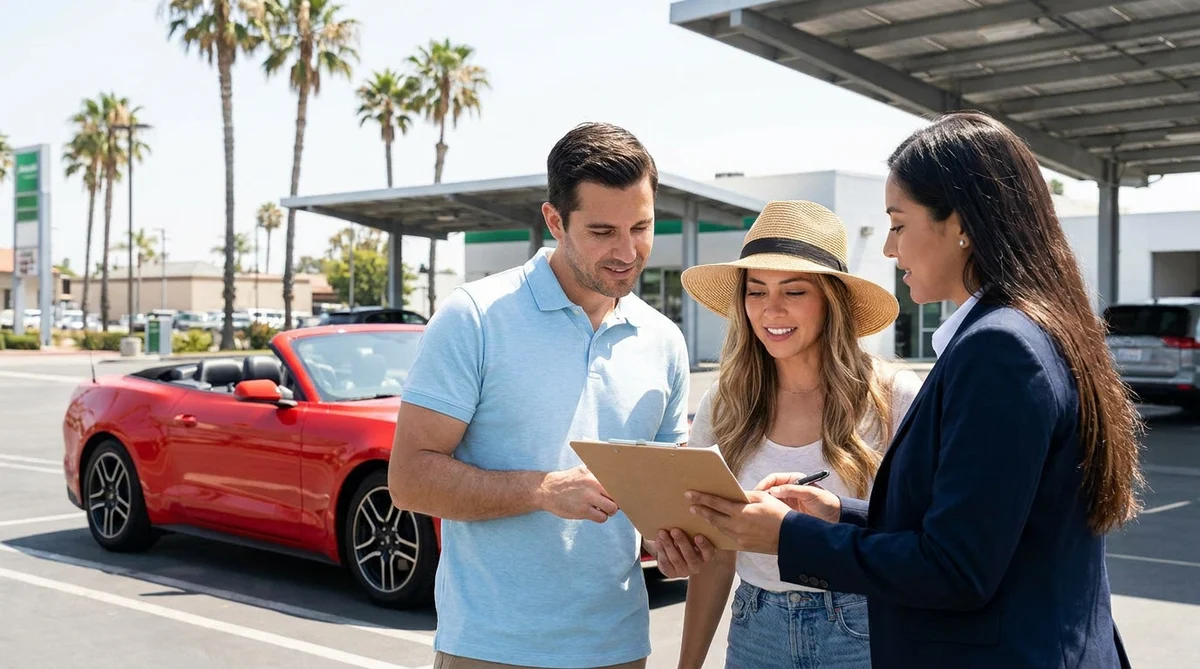 White car rental driving on a scenic coastal highway in California with ocean views
