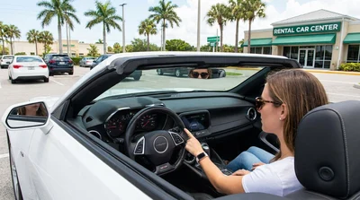 Driver checking the dashboard screen of a vehicle at a sunny Florida car rental lot