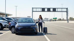 Silver car rental driving under a cashless toll gantry on a Pennsylvania highway