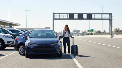 Silver car rental driving under a cashless toll gantry on a Pennsylvania highway