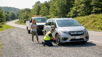 Driver looking under the hood of a car rental parked on the side of a rural highway in Pennsylvania