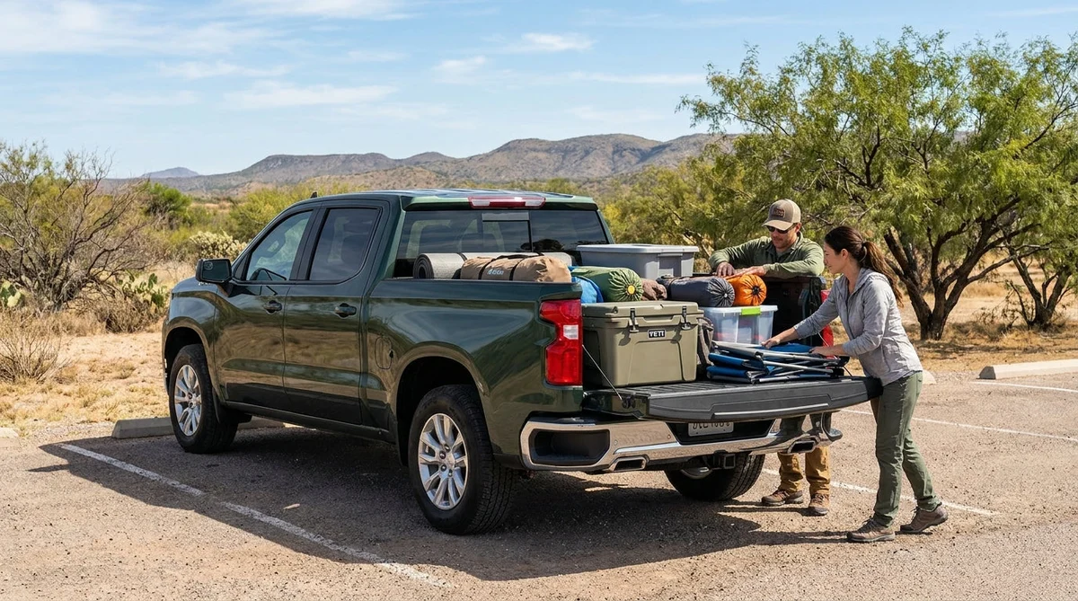 Open trunk of a car rental packed with camping gear and a large cooler in Texas