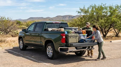 Open trunk of a car rental packed with camping gear and a large cooler in Texas