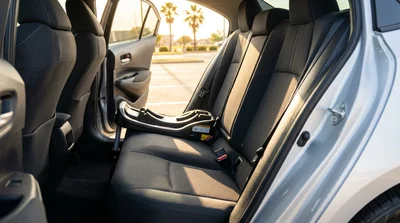 Child safety seat securely installed in the back seat of a car rental in Texas