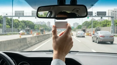 Driver attaching an electronic toll pass to the windshield of a car rental in New York