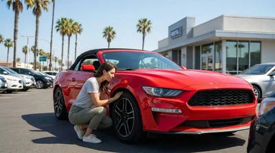 Person examining the windscreen and tyres of a car rental parked outdoors in sunny California