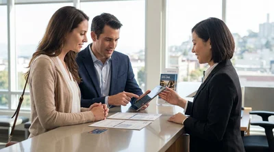 Customer receiving keys from an agent at a car rental desk in San Francisco