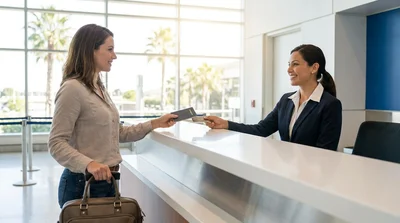 Traveler holding a passport and keys at an airport car rental counter in Los Angeles