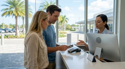 Close-up of a customer handing a credit card to an agent at a Florida car rental desk