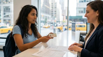 Hand holding a driver's license against the steering wheel of a New York car rental