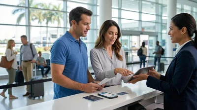 Traveler handing printed documents to a service agent at an airport car hire desk in Miami