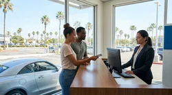 Close-up of a customer handing a credit card to an agent at a California car rental desk
