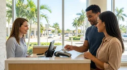 Close-up of a customer handing a credit card to an agent at a Miami car hire desk