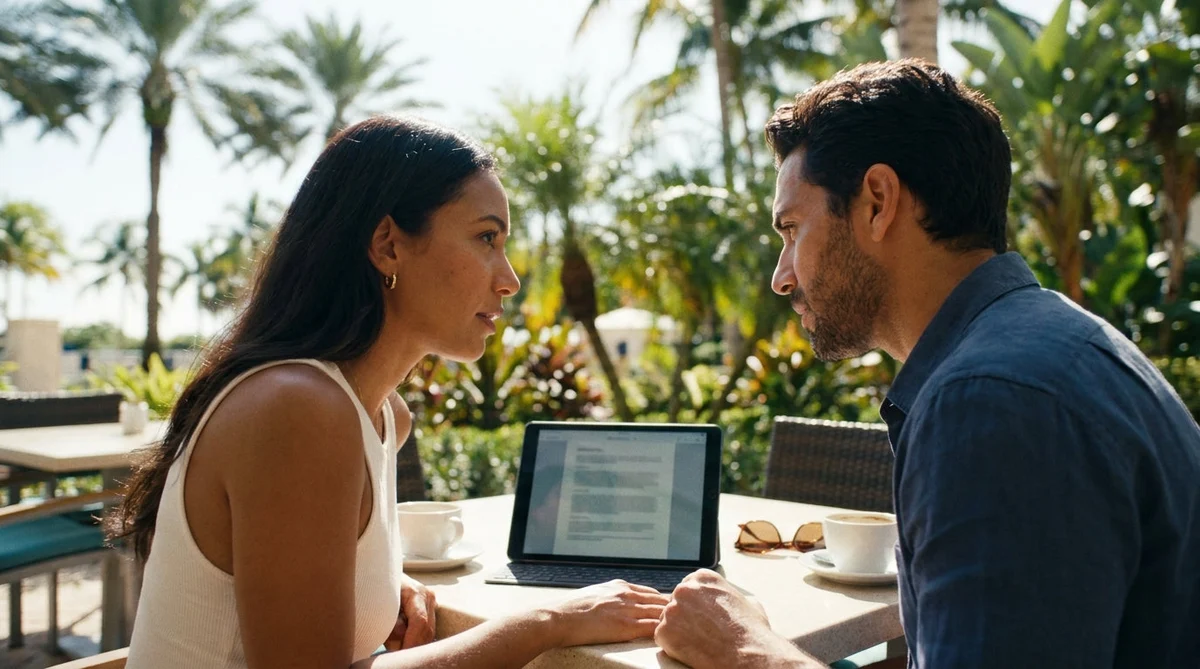 A person reviewing paperwork inside a car hire parked under palm trees in Florida