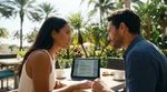 A person reviewing paperwork inside a car hire parked under palm trees in Florida