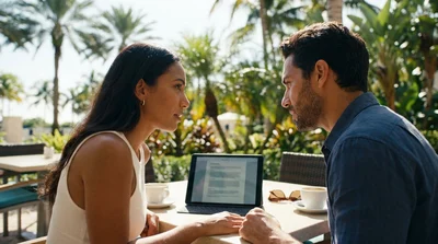 A person reviewing paperwork inside a car hire parked under palm trees in Florida
