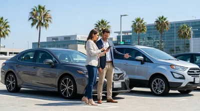 Customer inspecting a parked white SUV at an outdoor car rental lot in Los Angeles