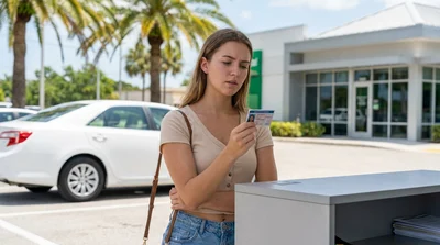 Young person holding keys next to a white car hire vehicle on a sunny street with palm trees in Florida