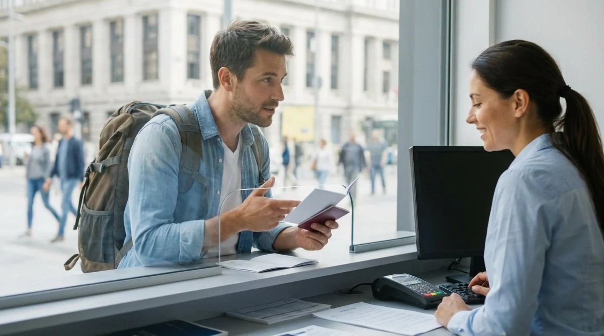 Hands holding a paper International Driving Permit booklet at a New York car hire counter