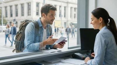 Hands holding a paper International Driving Permit booklet at a New York car hire counter