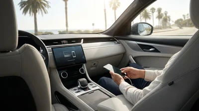 Driver using a smartphone connected to an Apple CarPlay dashboard screen in a California car rental