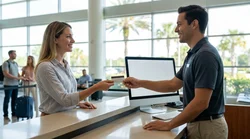 Customer handing a physical credit card to a clerk at an Orlando car rental counter