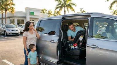 Child safety seat secured in the back of a car rental parked in sunny Florida