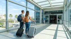 Travelers with suitcases walking outside a Miami car rental facility on a sunny day