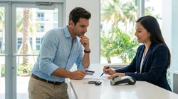 Customer signing paperwork and receiving keys at a car rental counter in Miami