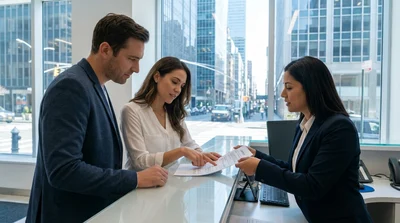 Customer receiving keys for a car rental at a counter in New York